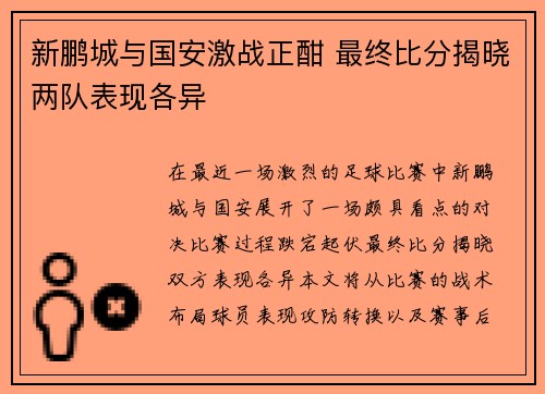 新鹏城与国安激战正酣 最终比分揭晓两队表现各异